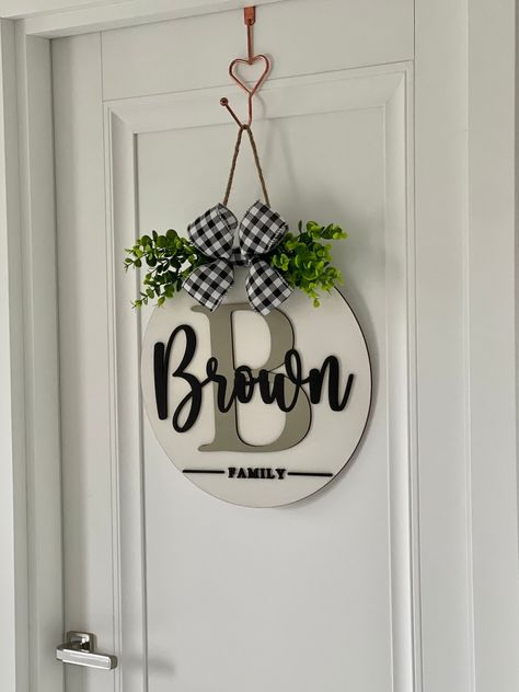 Beige Front Door, Family Door Hanger, Front Door Porch Decor, Front Door Welcome Sign, Door Welcome Sign, Circle Door, Monogram Door Hanger, Custom Hangers, Wood Door Hanger