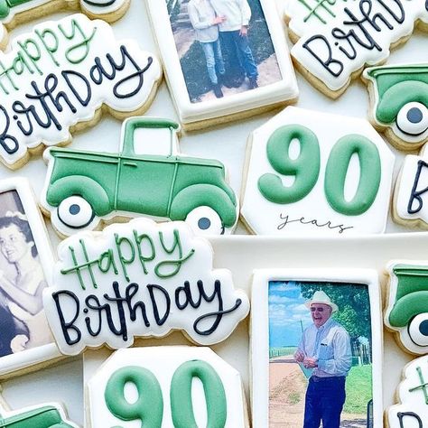 Fancy Yancy Cookie Co. on Instagram: "Walk down memory lane for a 90th birthday!! Polaroid style photos printed with @eddie_edibleinkprinter • • • #houstoncookies #cookiedecorating #houstoncookiebaker #customcookieshouston #decoratedcookieshouston #90thbirthdaycookies #polaroidcookies" Grandpas Birthday Party, 90th Birthday Cookies For Men, 90th Birthday Ideas For Men, Eddie Printed Cookies, 90th Birthday Party Ideas For Men, 90th Birthday Cookies, 90th Birthday Party Ideas, Birthday Polaroid, Cookie Themes