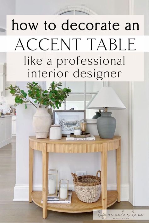 Transform your home with our expert tips on how to decorate an accent table. Whether you're looking for living room end table decor, side table decor, or console table decor, our blog post provides stylish and practical ideas. Discover the secrets to creating stunning table decor living room setups. How To Decorate Console Table, Small Side Table Decor, Living Room End Table Decor, End Table Decor, Life On Cedar Lane, Accent Table Styling, Console Table Decor, Sofa Table Decor, Living Room End Table