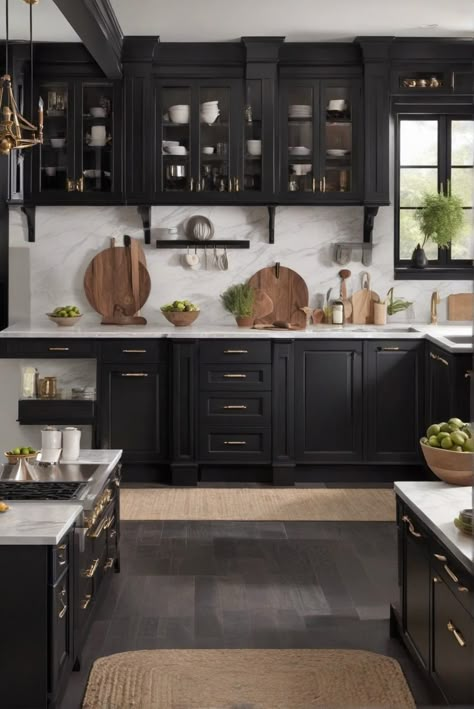 1. Black cupboard upgrade
2. Stylish kitchen transformation
3. 2024 cabinet trend
4. Elegant kitchen makeover Black Appliances With Wood Cabinets, Butcher Block Countertops Dark Cabinets, Small Kitchen With Black Cabinets, Black Cabinets Grey Countertops, Kitchen Cabinets Black, Black Cabinets In Kitchen, Kitchen Ideas Black Cabinets, Black Cupboards Kitchen, Black Painted Cabinets