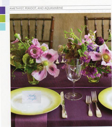 Amethyst, peridot, aquamarine Purple Table Settings, Purple Table, Jewel Tone Wedding, Weddings By Color, Martha Stewart Weddings, Wedding Color Palette, Purple Wedding, Beautiful Table, Jewel Tones