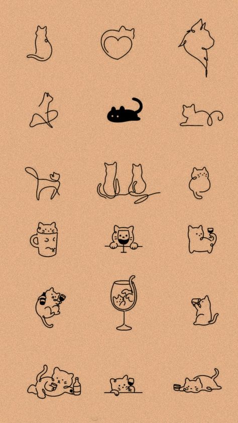 Mini Cat Tattoo Ideas, Cat Tattoo Flash Sheet, Cat And Dog Tattoo Designs, Cat Wine Glass Tattoo, Cat Outline Tattoo Simple, Multiple Cat Tattoo, Subtle Cat Tattoo, Tiny Tattoos Cat, Mini Cat Tattoo