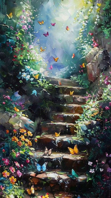 Enchanted Garden Painting, Pretty Pathways, Butterfly Board, Office Prank, Best Painting Ever, Art Butterflies, Forgotten Quotes, Magia Das Ervas, Fairy Wallpaper