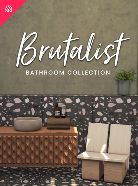 The Brutalist Bathroom | Harrie on Patreon Brutalist Bathroom, High Headboard Beds, Sims 4 Builds, Fancy Curtains, Concrete Tile Floor, Above Sink, Picnic Table Bench, Concrete Wallpaper, Cc Furniture