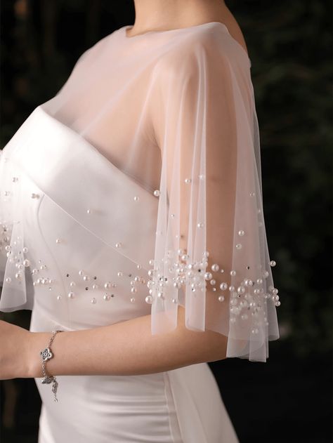 1pc Korean Style Bridal Wedding Shawl Cape Plus Size White Elegant & Simple White Shawl With Pearl Embellishment | SHEIN UK Korean Bridal Dress, Wedding Dress Coverup Ideas, Korean Wedding Dress Simple, Wedding Gown With Cape, Dress Coverup Ideas, Pearl Cape, Wedding Dress Topper, Korean Wedding Dress, Bridal Capelet