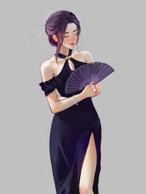 When u are so hawt that u need to carry a fan with u. "An asian gurl holding a fan in black dress and a silver bracelet in her right hand with yummy legs STUDY!" . . . #digitalart #digitalpainting #noaiart #humanmade® #photoshop #stylizedportrait #artstudy Woman Holding Fan Reference, Hand Holding Staff Drawing Reference, Flute Holding Pose, Fan Holding Pose, Holding A Fan Pose, Hand Holding Fan Drawing, Purse Drawing Reference, Fan Holding Reference, Hand Fan Pose