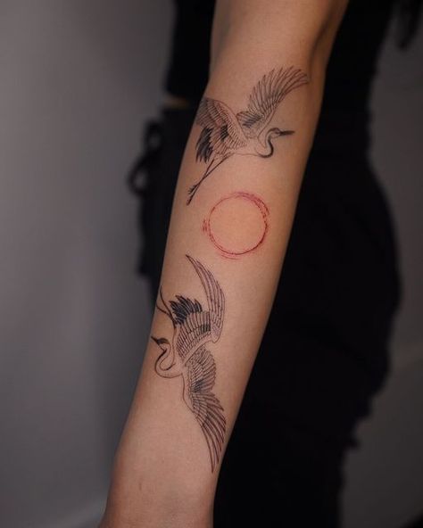 Red Crown Crane Tattoo, Crane Forearm Tattoo, Tattoo On Lower Arm, Stork Tattoo, Japanese Crane Tattoo, Micro Realism, Upper Thigh Tattoos, Lower Arm Tattoos, Australian Tattoo