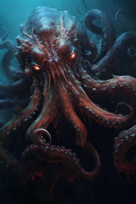 My ABYSSAL ANTAGONISTS series gives humanity a first look at the leaders of the deep armada which will eventually rise and wash over civilization as we know it. Created by Vellectrum using Midjourney. Flying Octopus, Kraken Sea Monster, Ocean Creatures Art, Floating In The Sky, Kraken Art, Octopus Tattoo Design, Sea Life Art, Sea Monster, Unique Poster