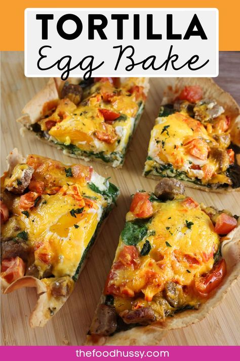 This Tortilla Egg Bake is my FAVORITE breakfast! It's super simple and loaded with eggs, sausage, tomatoes, cheese & spinach. BONUS: it's less than 200 calories a slice!!! via @foodhussy Spinach And Eggs Breakfast, Egg Tortilla, Breakfast Tortilla, Tortilla Bake, Tomato Breakfast, Cottage Cheese Eggs, Spinach Tortilla, Cheese Spinach, Egg Bake