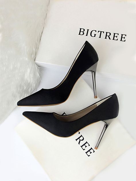 Black Elegant    Plain Court Pumps Embellished   Women Shoes Party Shoes Heels, Red Wedding Shoes, Gold High Heels, Platform Shoes Heels, Basic Heels, Elegant High Heels, Women Heels, Shoes Spring, Satin Heels