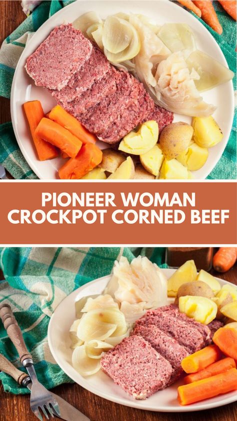 Pioneer Woman Crockpot Corned Beef is made with a 3-4 lb. corned beef brisket, carrots, red potatoes, onion, cabbage, and beef broth. This hearty dish requires 8 to 9 hours of slow cooking and serves approximately 10 people. Corn Beef In Crock Pot, Flat Cut Corned Beef Brisket Crock Pot, Crockpot Corned Beef And Cabbage Easy, Crock Pot Corned Beef And Cabbage Recipe, Corn Beef And Cabbage Recipe Crock Pot, Sides For Corned Beef, Corned Beef Brisket Crock Pot, Cornbeef Cabbage Slow Cooker, Cornbeef Cabbage And Potatoes