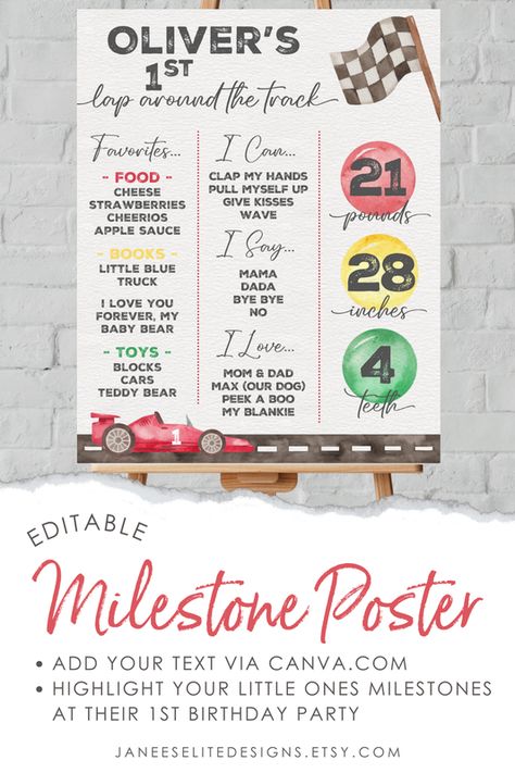 Celebrate your little speedster's fast one birthday with this editable milestone sign! Designed for a race car party, this editable Canva template allows you to showcase your child’s exciting milestones in style. From favorite foods to first words, this birthday stats sign is the perfect way to capture their 1st lap around the track! With vibrant colors and fun race car elements, this first birthday milestone board will be a showstopper at your racing 1st birthday party. Simply edit, download, a Fast One Birthday Party, First Birthday Milestone Board, First Birthday Milestone, Birthday Milestone Board, Milestone Board, Car Max, Milestone Poster, Race Car Party, Car Party