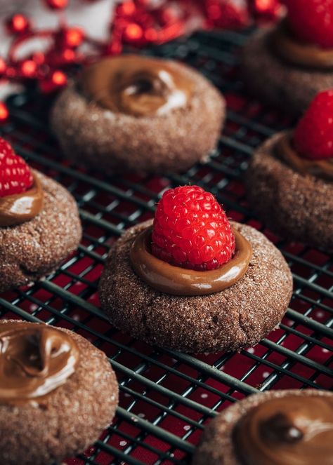 Chocolate Hazelnut Thumbprint Cookies with Raspberries - Striped Spatula Xmas Goodies, Chocolate Thumbprint Cookies, Thumbprint Cookies Recipe, Xmas Treats, Kitchenaid Mixer, Christmas Cookie Exchange, Chocolate Hazelnut Spread, Hazelnut Spread, Thumbprint Cookies