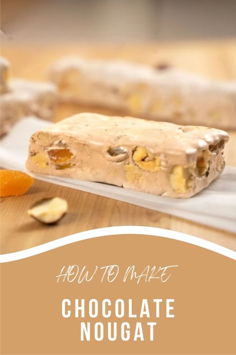 Craving a homemade treat? Learn how to make rich, chocolatey nougat packed with roasted hazelnuts and dried apricots. This simple step-by-step recipe will satisfy your sweet tooth in no time! Perfect for gifts or a personal indulgence. #ChocolateNougat #HomemadeCandy #DIYTreats #WhippedFood Italian Nougat Candy, Nougat Recipe Easy, Almond Nougat Recipe, Nougat Recipe, Roasted Hazelnuts, Diy Treats, How To Roast Hazelnuts, Homemade Candies, Dried Apricots