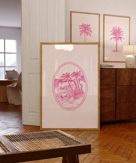 Set of 3 Vintage Pink Tropical Prints | Coastal Wall Decor | Palm Tree Art | Retro Beach Wall Art | Minimalist ArtSaltPlace Digital Download Palm Beach Art Prints, Tampa Wall Art, Cute Prints For Room, Wall Print Ideas, Pink Coastal Bedroom, Prints For Walls Aesthetic, Pink Wall Prints, 3 Prints Wall Art, Palm Beach Decor