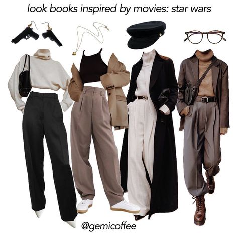 (choco.gemini) on Instagram: “do you like the star wars movie series? i was thinking of leia while creating the first outfit, luke while creating the second, darth vader…” Cute Movie Outfits, Star Wars Aesthetic Clothes, Star Wars Outfit Ideas, Movie Outfit Ideas, Star Wars Outfit, Movie Outfit, Star Outfit, Look Books, Dark Academia Outfits