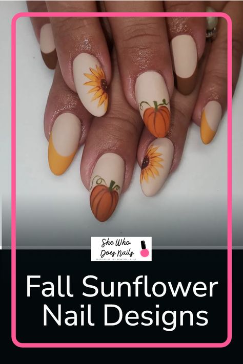 Fall is the season of change and sunflowers are the perfect representation of that. Sunflowers embody beauty, resilience, and strength- making them the ideal choice for a seasonal nail design. To help you get in touch with your autumnal side, here are some Fall sunflower nail designs that will inspire you to get creative with your next mani. From simple paint splatter designs to intricate 3D flowers, there’s something for everyone to enjoy! Fall Acrylic Nails Autumn Sunflower, Pumpkin Sunflower Nails, Sunflower And Pumpkin Nails, Fall Flowers Nail Art, Fun Fall Nail Designs Autumn, Black Nails With Sunflower Design, Mustard Yellow Fall Nails, Sunflower Pumpkin Painting, Fall Flower Nail Designs