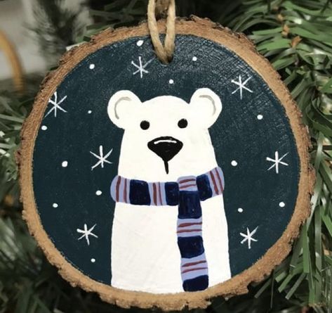 Polar Bear Ornaments, Painted Ornament, Painted Christmas Ornaments, Ornament Ideas, Christmas Wood Crafts, Wood Christmas Ornaments, Wooden Christmas Ornaments, Wooden Ornament, Painted Ornaments