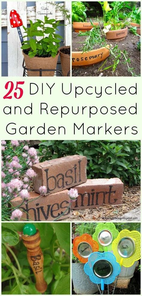 Creating your own repurposed garden markers is a fun way to add character and charm to your summer garden! And this collection of upcycled plant markers will surely inspire you to look at thrift store items differently! Amazing collection of garden label craft projects compiled by Sadie Seasongoods at www.sadieseasongoods.com Garden Stakes Ideas Plant Markers, Plant Markers Diy, Garden Plant Markers, Diy Marker, Herb Markers, Marker Crafts, Garden Labels, Auction Projects, Upcycle Garden