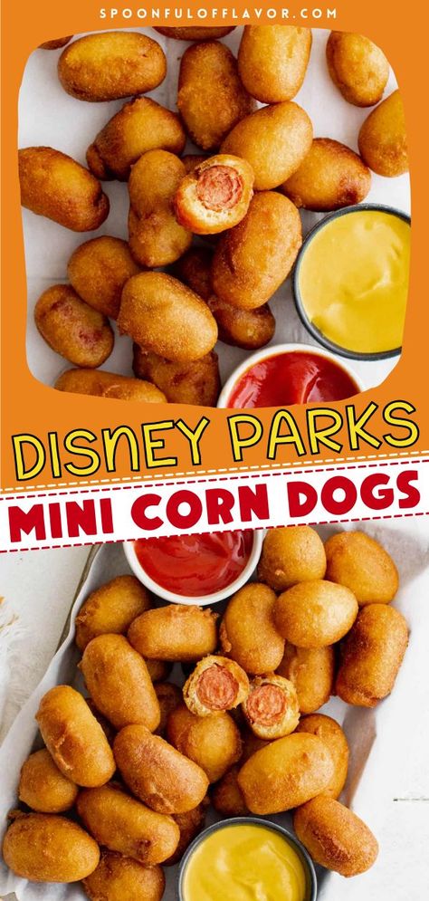 Mini Corn Dogs (Disney Parks), New Year appetizer recipes, Gameday food ideas Corn Dog Batter, Homemade Corndogs, Corndog Recipe, Mini Corn Dogs, Popular Snacks, Hot Dog Recipes, Boat Food, Lake Food, Fair Food Recipes