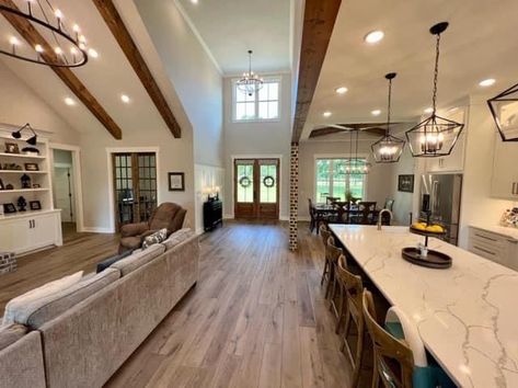 Modern Farmhouse Open Floor Plan Decor, Barndo Entryway, Open Concept Kitchen Living Room Barndominium, Barndominium Room Ideas, Barndominium With Foyer, Open Floorplan Interior Design, Main Floor Layout Open Concept, Barndominium Kitchen Open Concept, Open House Interior