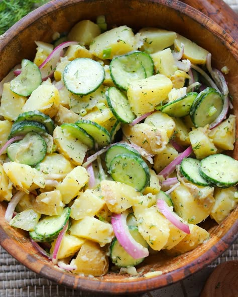 Dill "Pickle" Potato Salad - BetterFoodGuru Potato Cucumber Salad, Pickle Potato Salad, Potato And Cucumber Salad, Potato Salad With Cucumbers, Dill Pickle Potato Salad, Dill Pickle Salad, Pickled Cucumbers And Onions, Potato Salad Dill, Dill Potatoes