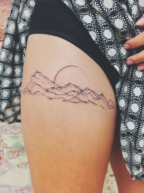 Thigh mountains Mountain Thigh Tattoo, Theigh Tattoos, Front Thigh Tattoos, Moutain Tattoos, Thigh Band Tattoo, Small Mountain Tattoo, Mountain Tattoos, Upper Thigh Tattoos, Around Arm Tattoo