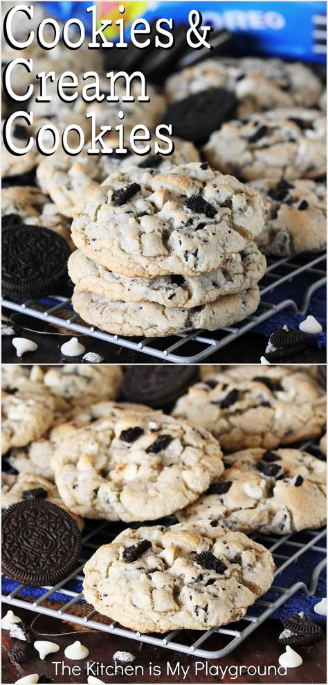 Cookies & Cream Cookies on a wire cooling rack Cookies In Cream Cookies, Cookie N Cream Cookies, Cookies And Crème Cookies, Cookies And Creme Cookies, Oreo White Chocolate Chip Cookies, Cookies Cream Cookies, Oreo Cookies And Cream Cookies, Cookie And Cream Cookies, Oreo Pudding Cookies