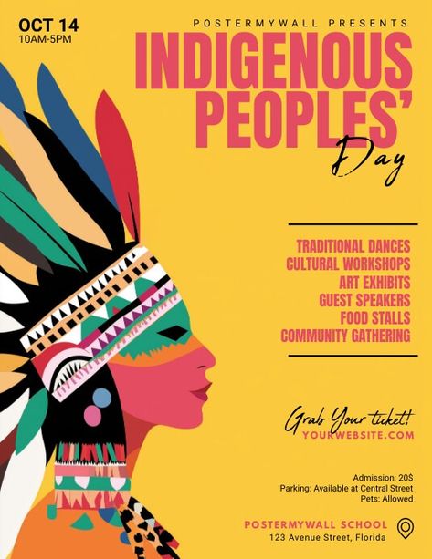 Yellow Illustrative Indigenous Peoples’ Day F | PosterMyWall Indigenous Peoples Day Bulletin Board, Indigenous Poster Design, Indigenous Graphic Design, Local Natives Poster, Indigenous Rights Art, Event Poster Template, Linkedin Background Image, Linkedin Banner, Indigenous Peoples Day