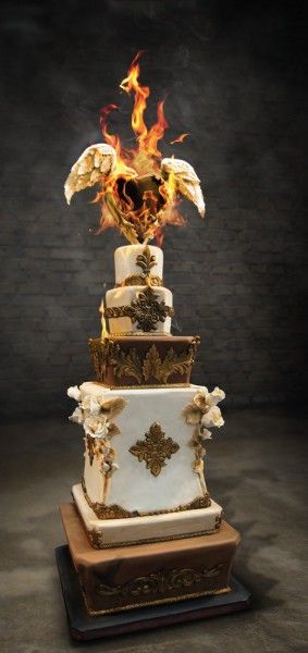 Fire Cake, Crazy Wedding Cakes, Gothic Cake, Unusual Wedding Cakes, Heart On Fire, Heart Cake Topper, Flaming Heart, Cake Wrecks, Wedding Cake Stand