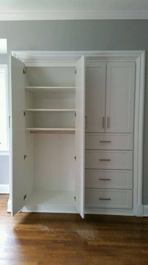 Wall Closet Conversion, Side By Side Closet Remodel, Closet To Cabinet Conversion, Closet Converted To Built In, Closet To Built In Cabinets, Repurpose Cabinets, Built In Closet Wall Bedroom, Full Wall Closet, Closet Conversion Ideas