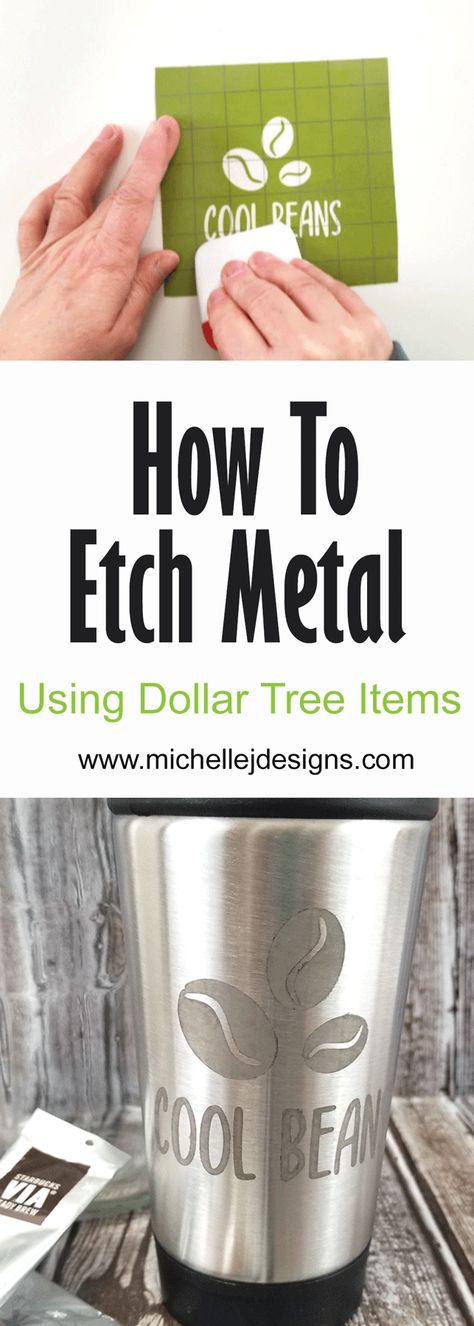 Etch Metal With Cricut, Etching Metal With Cricut, Ferric Chloride Etching, Etching Ideas Projects, Metal Etching Cricut, Cricut Projects Glass Etching, How To Etch Metal, Etching Tumblers Diy, Dremel Engraving Metal