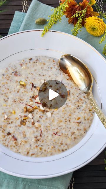 Nisha | Healthy-ish Recipes - Indian, Fusion & Global on Instagram: "OATS KHEER is like dessert for breakfast, but so nourishing. Enjoy this cheer-like oatmeal with flavors such as, ghee, cardamom, saffron, and nuts.   RECIPE (serves 2) [ 344 calories, 12g protein, 5g fiber ]  Before high pressure * ½ tablespoon ghee, solid * ½ cup steel cut oats * 1 cup water * ½ cup whole milk * 1 tablespoon coconut sugar  After high pressure * ½ cup whole milk * ¼ teaspoon cardamom powder * pinch of saffron * 1 tablespoon pistachios, chopped * 1 tablespoon cashews, chopped * 1 tablespoon almonds, chopped  https://www.honeywhatscooking.com/creamy-steel-cut-oats/  #breakfast #steelcutoats #indianfusionfood steel cut oats, oatmeal recipes" Oats Recipes Indian Healthy, Oats Recipes Indian, Oats With Milk, Oat Milk Recipe, Dessert For Breakfast, Breakfast Bites, Oats Breakfast, Tasty Recipes Videos, Steel Cut Oats