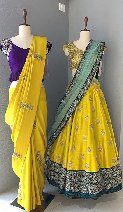 Halfsarees Designer Latest, Gown For Reception, Mrunalini Rao, Simple Dress For Girl, Beautiful Lehenga, Half Saree Lehenga, Yellow Lehenga, Half Sarees, Lehenga Designs Simple