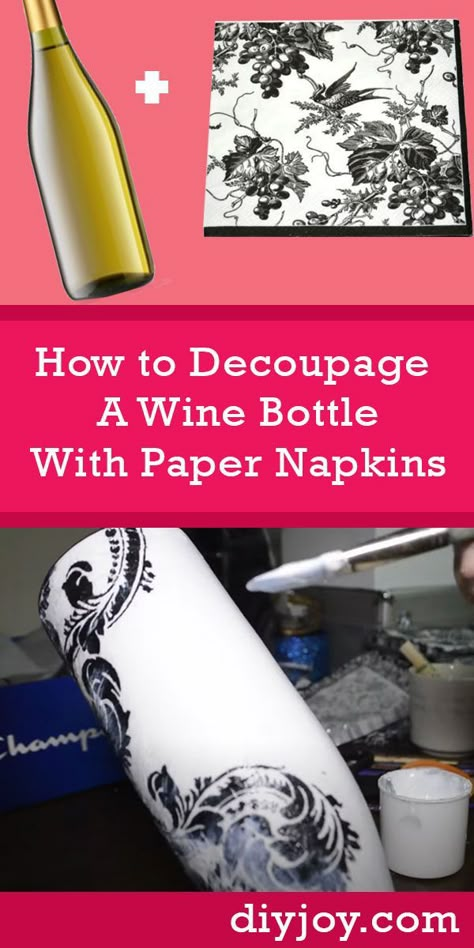 How to Decoupage A Wine Bottle With Paper Napkins - DIY Home Decor On A Budget -  Wine Bottle Crafts Recycling Crafts, Decoupage Tutorial, Decoupage Decor, Mod Podge Crafts, Decoupage Glass, Diy Napkins, Napkin Decoupage, Paper Napkins For Decoupage, Decoupage Diy