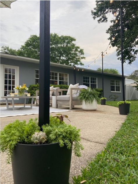 Herringbone Table, Hanging Patio Lights, Backyard String Lights, Diy String Lights, Hanging String Lights, Planter Diy, Patio String Lights, White Light Bulbs, Backyard Lighting