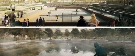 Enghaveparken public park will function as a large transforming space that can accommodate 24,000 cubic meters of water. Copenhagen Park, Flood Mitigation, Sustainable City, Flood Zone, Urban Fabric, Water Management, City Architecture, Urban Area, Off Grid