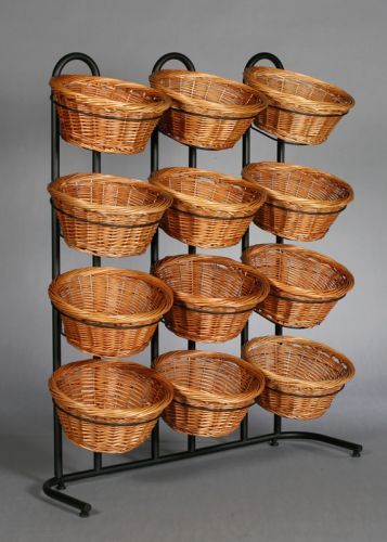 4 Tier 12 Round Willow Basket Display Rack | CandyConcepts Bucket Display Retail, Fruit Shelf Display, Mini Market Store Ideas Design, Racks Design Display, Fruit Display Ideas Kitchen, Mini Store Design, Retail Store Display Ideas, Mini Market Store Ideas, Fruit And Vegetable Display