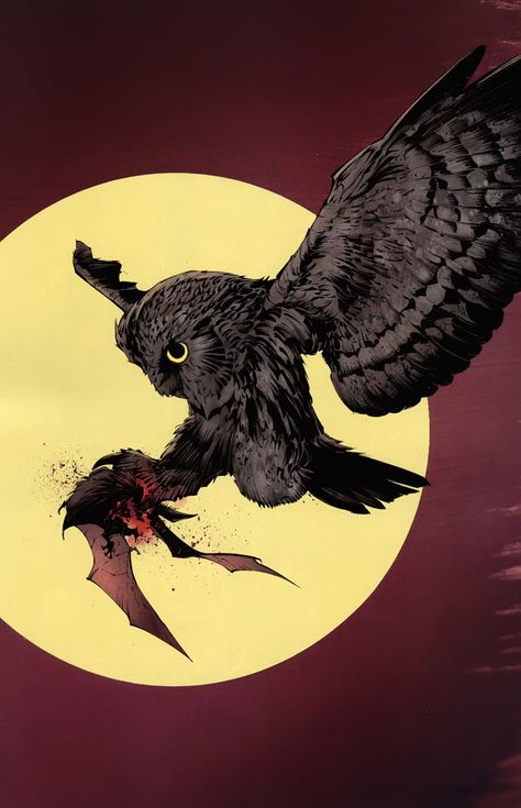 Terrifying panel from Batman #7 that shows the bat that influenced Bruce Wayne to become Batman being killed by an owl immediately after leaving Wayne Manor. If anything, this picture perfectly shows how scary the Court of Owls is! Talon Batman, Batman Court Of Owls, Court Of Owls, Owl Wallpaper, Batman Artwork, Batman The Dark Knight, Halloween Drawings, Owl Tattoo, Batman Family