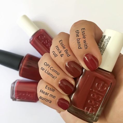 Me on Instagram: “‘Bed rock & roll’ by Essie from the #essierockyrose collection is a browny dark brick red and it’s my favorite from the collection! I…” Brick Nail Color, Essie Bedrock And Roll, Bed Rock And Roll Essie, Opi Autumn Colours, Essie Fall 2024, Brick Color Nails, Muted Red Nails, Brick Red Nails, Red Nails Essie