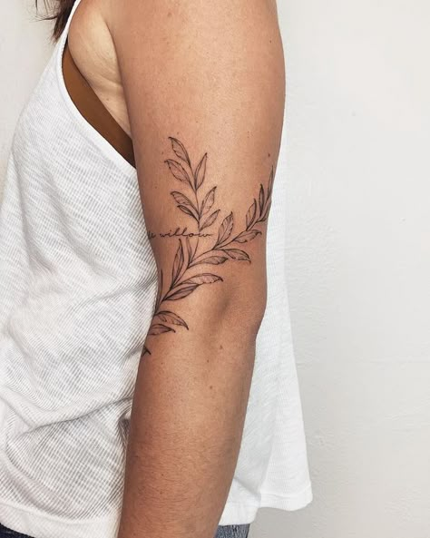 Greenery Half Sleeve Tattoo, Leaf Vine Tattoo Around Arm, Daisy Tattoo Inner Bicep, Arm Wrap Around Tattoos For Women, Fern Tattoo Wrap Around, Viney Floral Sleeve Tattoo, Willow Leaf Tattoo Arm, Upper Arm Wrap Tattoo, Leaf Band Tattoo