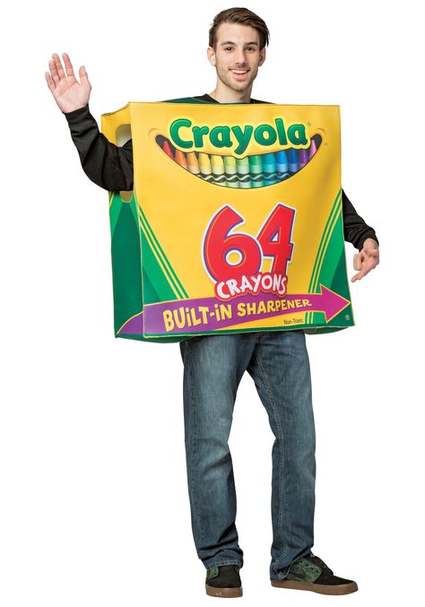 Crayola 64-Piece Crayon Box Adult Costume Crayola Box Costume, Crayon Box Costume Diy, Crayon Box Costume, Crayon Fancy Dress, Crayola Box, Boxing Halloween Costume, Crayon Costume, Drawing Utensils, Men Costumes