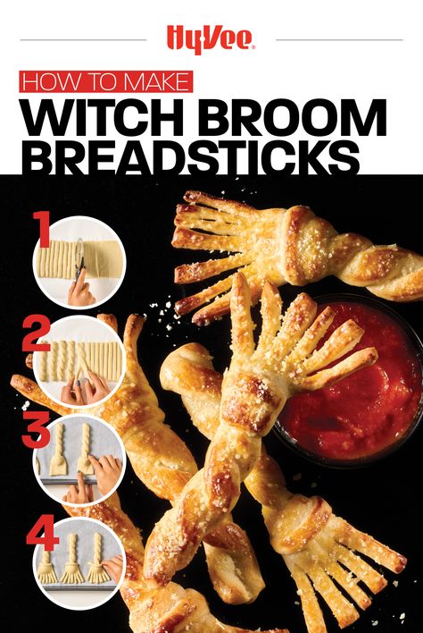 Kick off your night of fright with Witch Broom Breadsticks! They're wickedly easy and make a satisfying appetizer for your Halloween feast. Plus, kids will love them! Mummy Breadsticks Halloween, Halloween Broomstick Pretzels, Breadsticks From Pizza Dough Pillsbury, Halloween Breadsticks, Witch Finger Breadsticks, Breadsticks Easy, Halloween Feast, Halloween Appetizer, Halloween Appetizers Easy