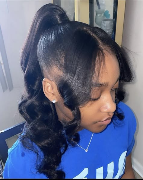 Two Curls In Front With Ponytail, 5th Grade Graduation Hairstyles, Braided Frontal Ponytail, Teen Ponytail Hairstyles Black, Black Teen Girl Hairstyles, Middle School Hairstyles Black, School Dance Hairstyles, Straight Ponytail Hairstyles, Ponytails Hairstyles