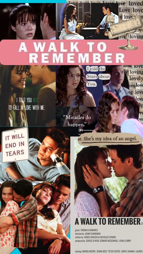 A Walk To Remember Poster, Romance Movies Quotes, Books Turned Into Movies, Tiktok Wallpaper, Nicholas Sparks Movies, Nicholas Sparks Books, A Walk To Remember, Rom Coms, Movie Collage