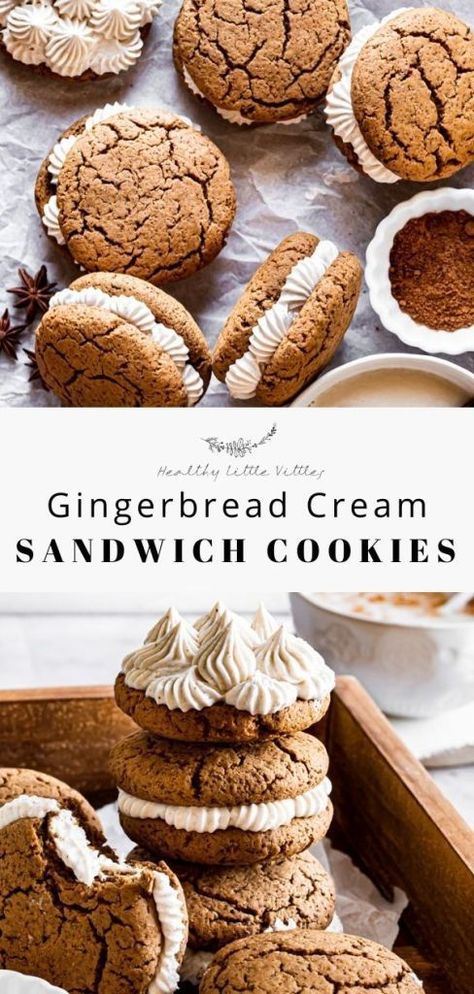 Flavored Buttercream Frosting, Holiday Bites, Whoopi Pies, Gingerbread Sandwich Cookies, Flavored Buttercream, Winter Baking Recipes, Cream Sandwich Cookies, Vegan Holiday Cookies, Vegan Gingerbread Cookies