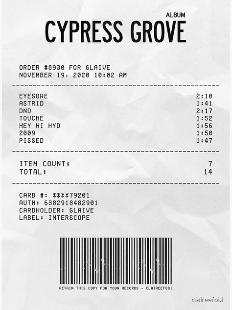 redbubble artist: claireefobi Album Receipts, Album Receipt, Cypress Grove, Album Posters, Album Covers, Photographic Print, Card Holder, For Sale, Quick Saves