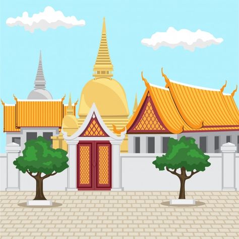 Thailand Drawing, Outdoors Logo Design, Pchum Ben, Castle Cartoon, Thai Architecture, Buddhist Architecture, Thailand Tourism, Temple Thailand, Outdoor Logos