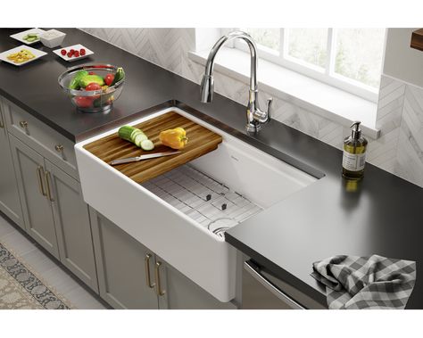 Elkay Fireclay 33" x 18-13/16" x 9-5/8" Single Bowl Farmhouse Workstation Sink Kit, White Kitchen Rehab, Sink Dimension, Workstation Sink, Apron Front Kitchen Sink, Sinks Kitchen Stainless, Sink Kitchen, Fireclay Sink, Single Bowl Sink, Kitchen Design Plans