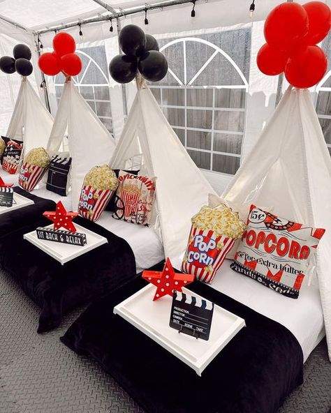 Cinema Birthday Party, Cinema Theme, Sleepover Tents, Movie Night Theme, Movie Night Decorations, Movie Night For Kids, Slumber Party Birthday, Kids Sleepover, Movie Night Birthday Party